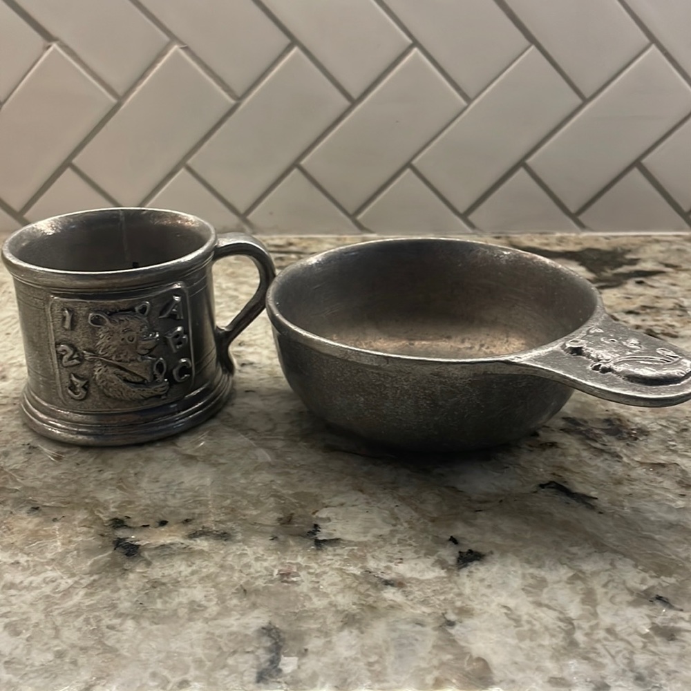 Vintage Carson Pewter Kids Bowl and Mug with Bears